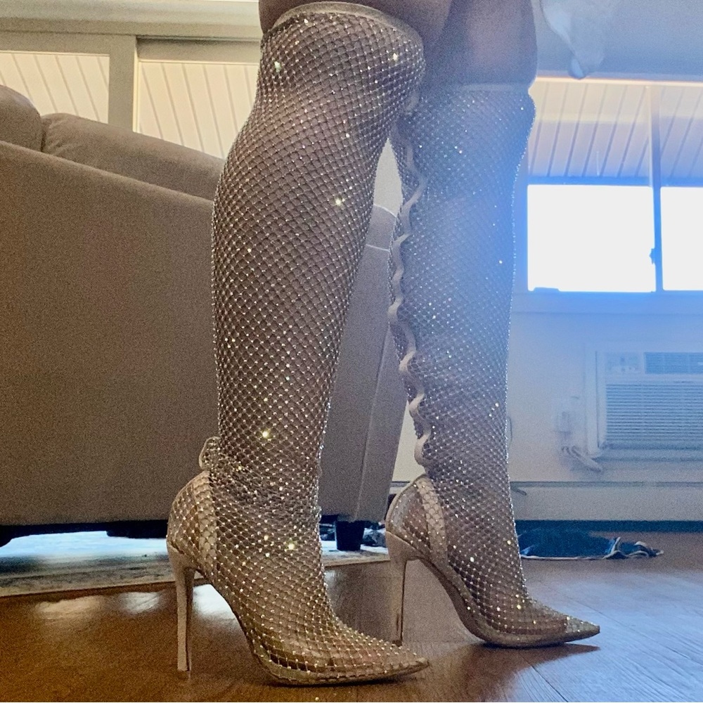Rhinestone Fishnet Heels Over the Knee Diamanté Stiletto